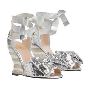 Gucci Silver Sequin Espadrille Platform Sandals Bow Cosmogonie Sz 41 NIB